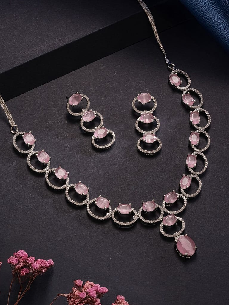 Silver Toned Pink AD Zircon Studded Minimal Designer Necklace Jewellery Set - Jewellery Sets | Buy online on ZillyBuy