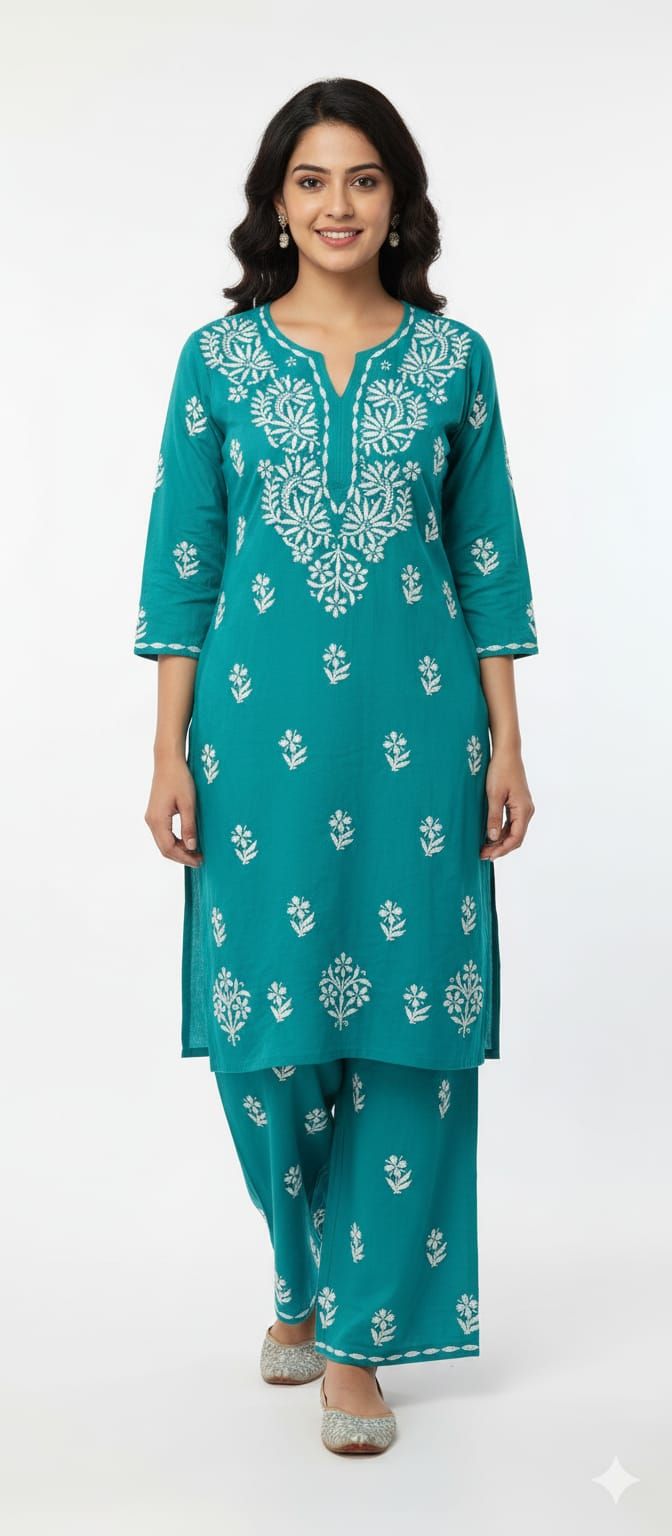 Lucknow Handwork Chikankari 2 Piece Palazzo Set With White Embroidery