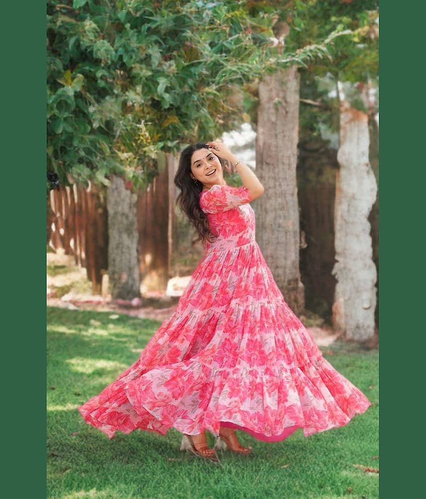 Mahek Fashion Women Georgette Printed Fit & Flare Dress ( Red )