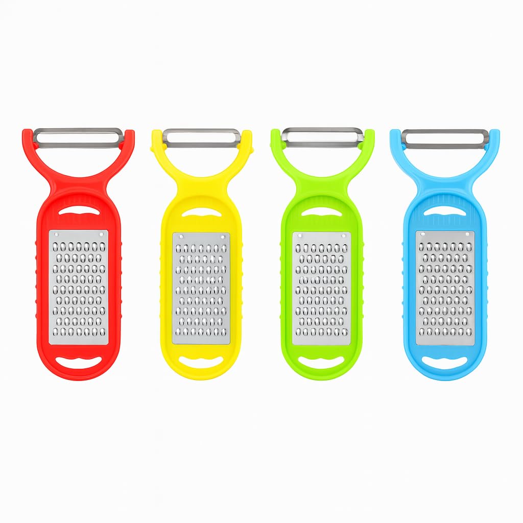 2-in-1 Grater and Peeler � Multicolor (Pack of 4) � Small Size, Stainless Steel Blade � Compact Vegetable Peeler & Cheese Grater � Travel-Friendly and Easy to Carry � Ginger, Garlic, Turmeric, Etc.