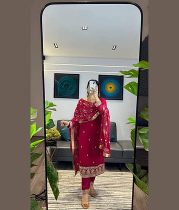 kedar fab Women Georgette Embroidered Straight Kurti With Pants ( Pink )