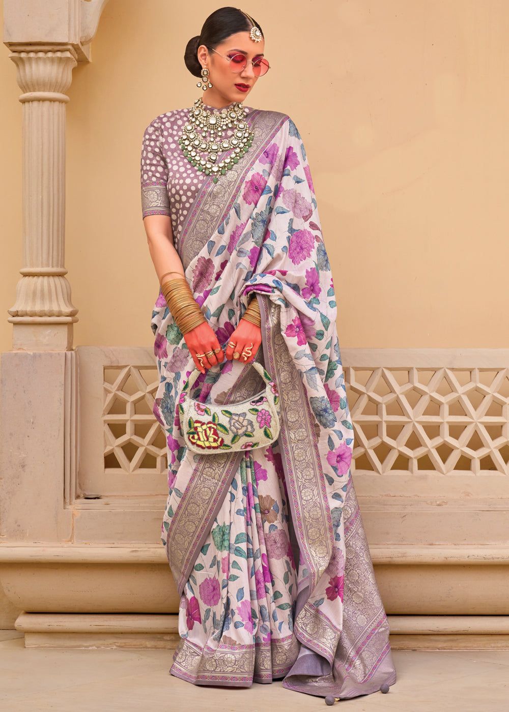 Purple Floral Printed Soft Silk Saree