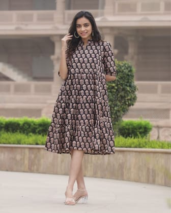 Nazakat Blockprinted Midnight Black Cotton Long Dress-32 (3XS)