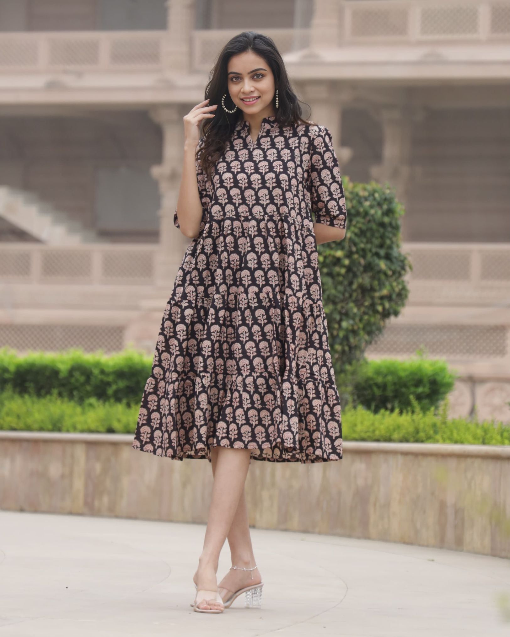 Nazakat Blockprinted Midnight Black Cotton Long Dress-32 (3XS)