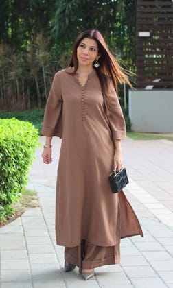 Coffee Brown Collared Buttoned Kurta with Pallazo Pants-XXS