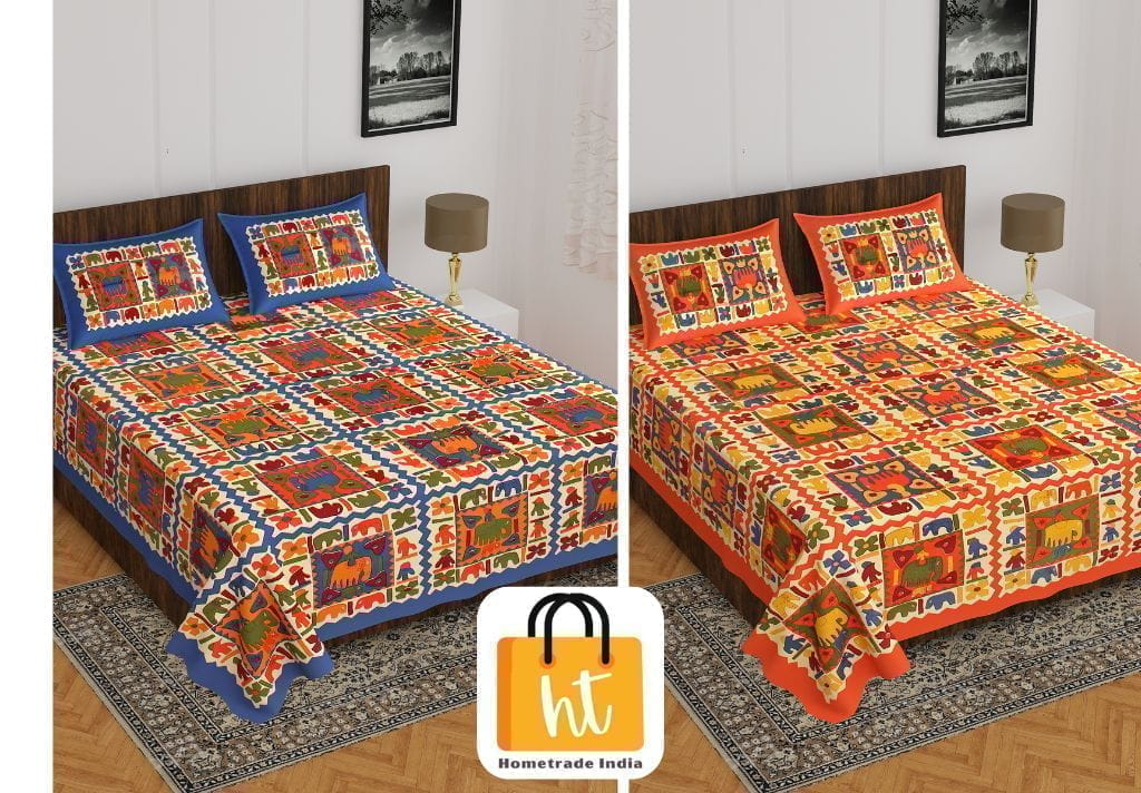 2201-Hometrade India- Standard Double Size (90*100 in )-Combo Jaipuri Double bedsheet With Matching Pillow Cover