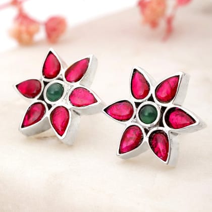 92.5 Silver Red Kundan Flower earring-Earring