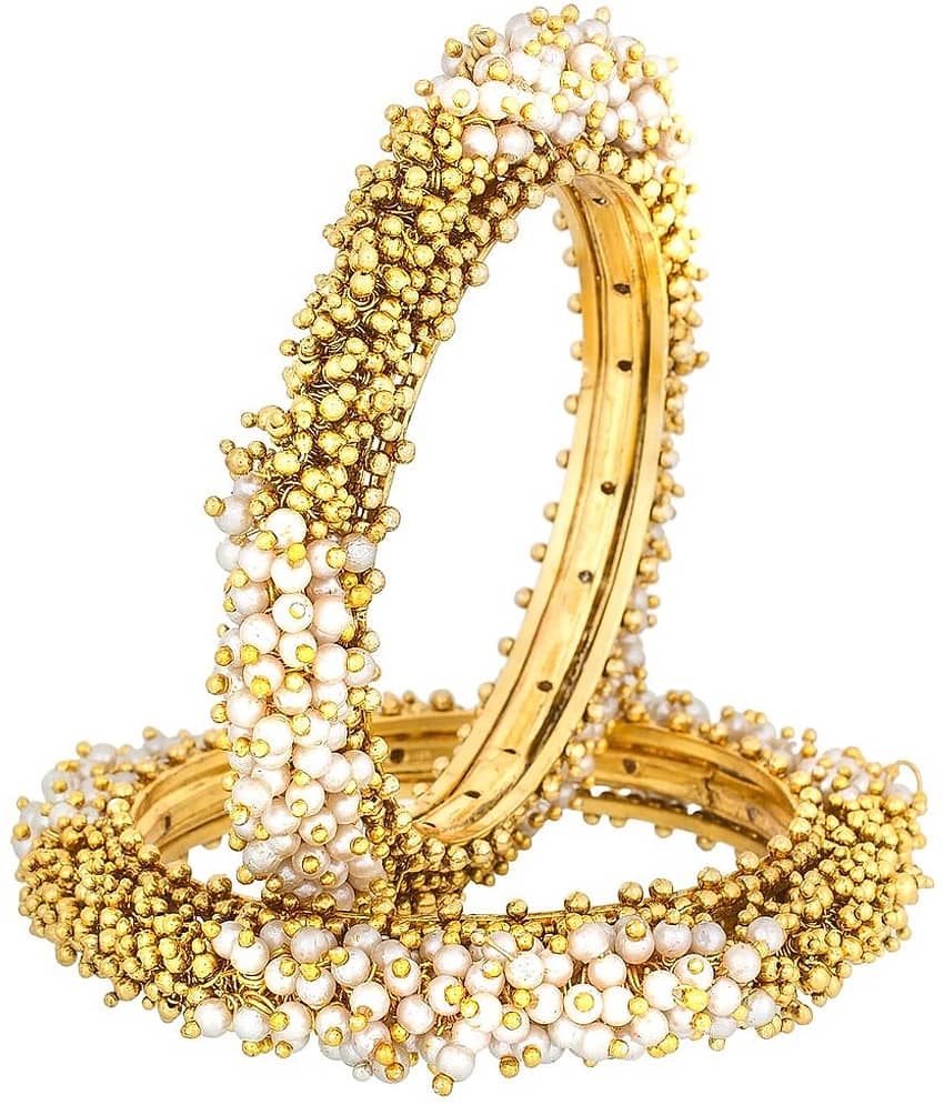 The Jewelbox Brass Gold Plated Studded Golden Bangle Set