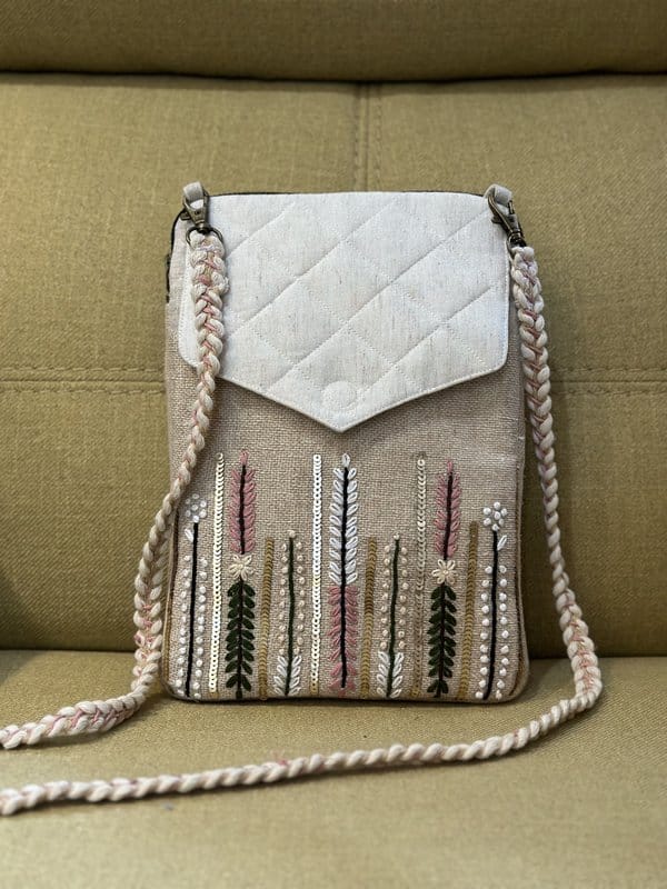 KRI India Raw Bloom Hand Embroidered 3-way Sling Bag | Jute & Ivory  | 10x6 inches  | Wash & Care | 100% Cotton | Handcrafted in India. 100% organic & natural.