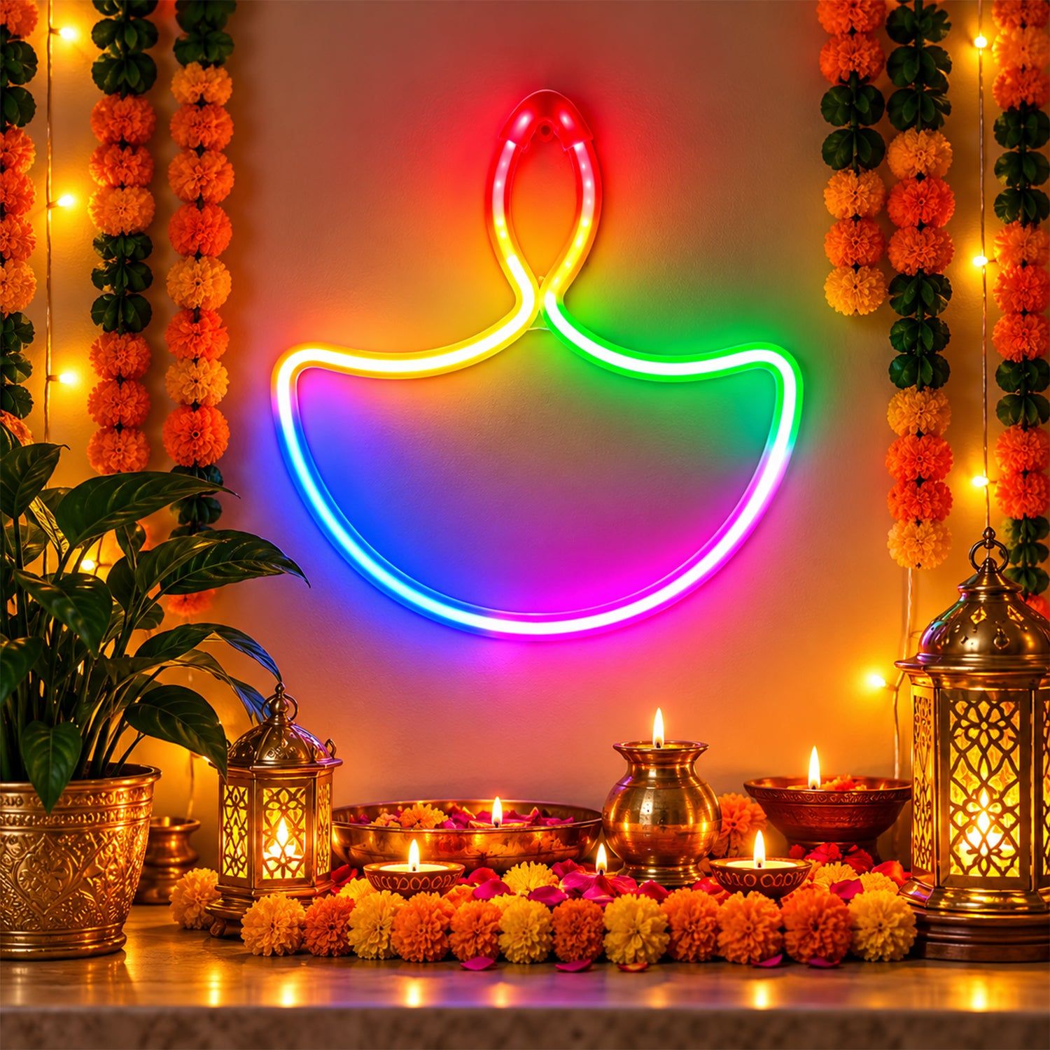 Diya Shape Multicolor LED Wall Light for Diwali and Pooja Decoration (1 Pc)