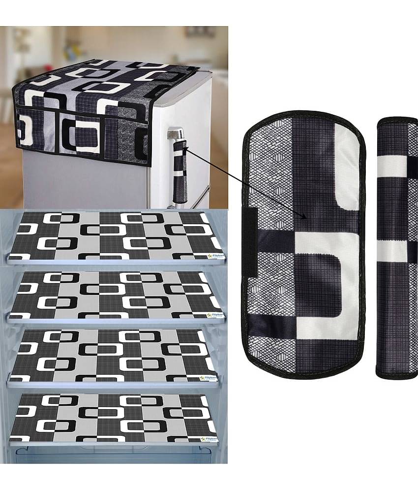 Crosmo Polyester Floral Printed Fridge Mat & Fridge Cover ( 64 18 ) Pack Of 7 Black