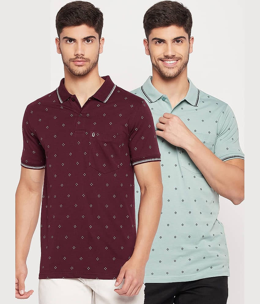 UNIBERRY Pack of 2 Cotton Blend Regular Fit Printed Half Sleeves Men's Polo T Shirt ( Maroon )