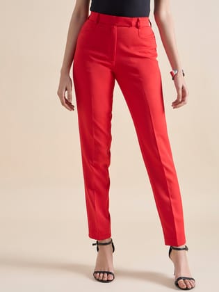 Red Mid Waist Slim Fit Stretch Trouser-S