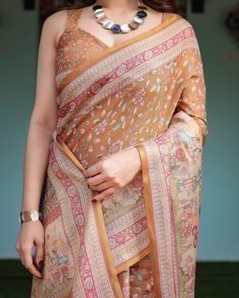 Warm Gold Pure Linen Cotton Handloom Printed Saree with Floral and Figurative Patterns, Golden Zari Weave, Tassels, and Slub Texture-Regular