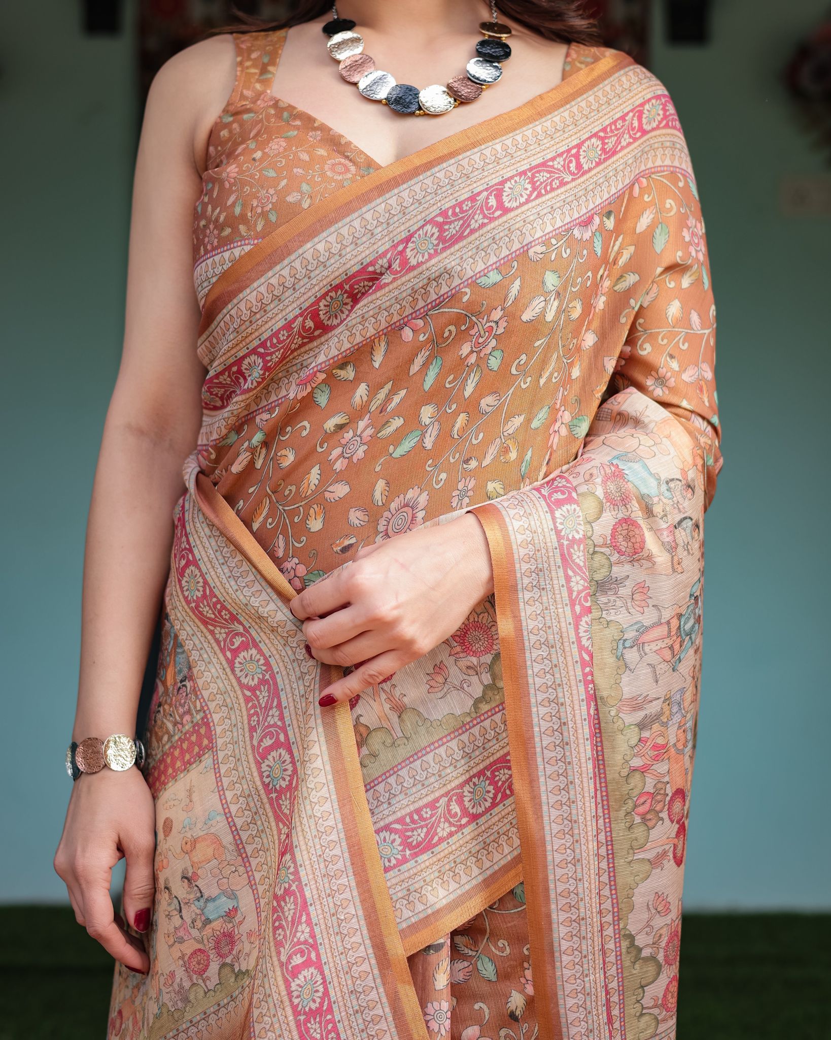 Warm Gold Pure Linen Cotton Handloom Printed Saree with Floral and Figurative Patterns, Golden Zari Weave, Tassels, and Slub Texture-Regular