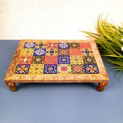 Wooden Puja Chowki Bajot with Ceramic Tile Top | Patla for Sitting - for Pooja, Weddings, Home Decor, Corner Decor & Festivals - 10 Inch-14 Inch