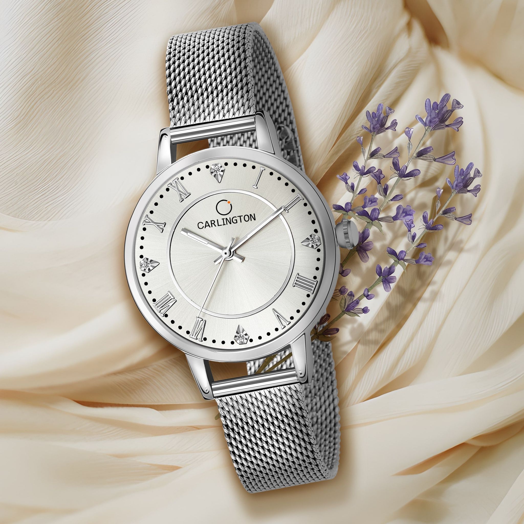Carlington Elite Ladies Self Adjustable Mesh Strap Water Resistant Analog Watch - For Women CT2013-Silver