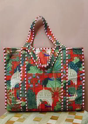 Handblock Printed Quilted Tote Bag without zip/button 17x18x 6 inches
