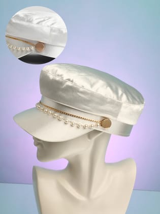 Chain-Lined Satin Bakerboy Cap - Powder White-Cap