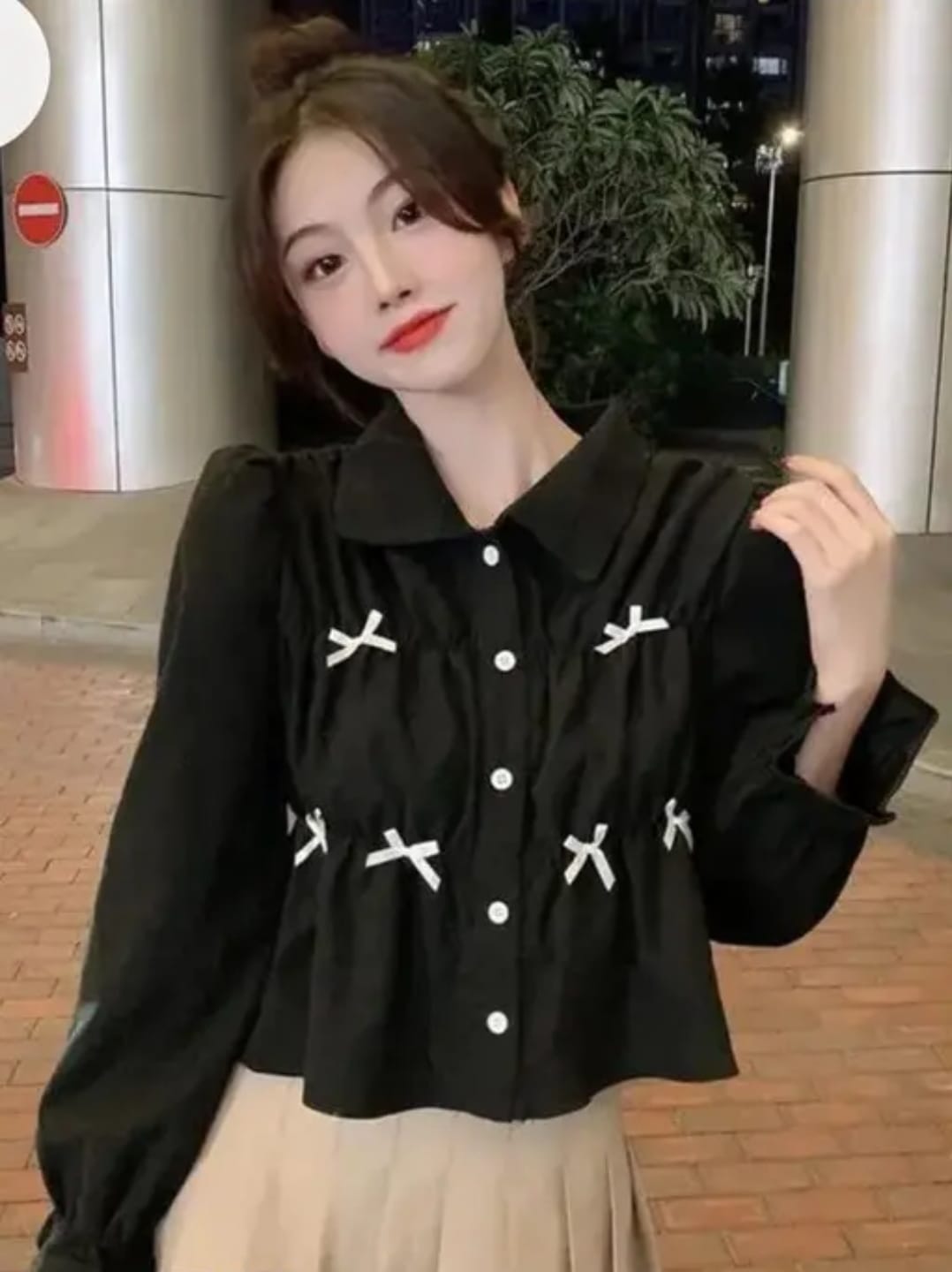 MF Women Black Shirt Top with Bow Detail | Puff Sleeve Button-Down Casual & Party Wear Top