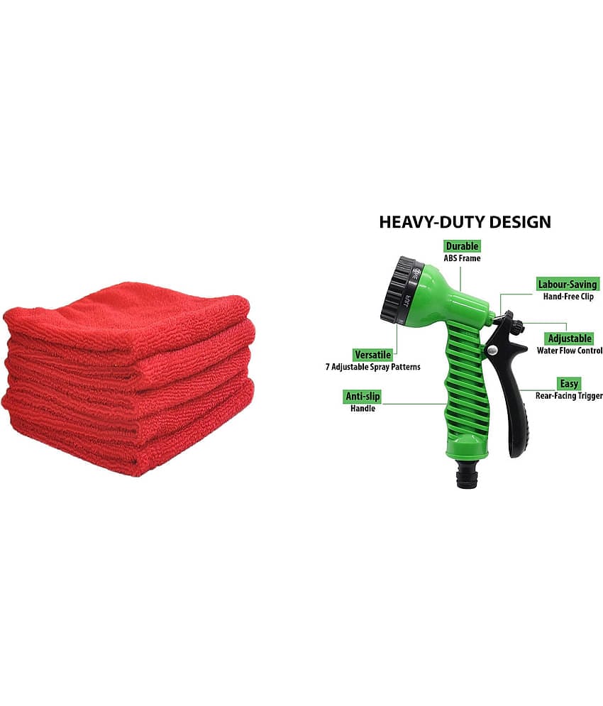 INGENS COMBO of Microfiber Cleaning Cloths,40x40cms 250GSM RED-Colour! Highly Absorbent  and 7 function water spray nozzle