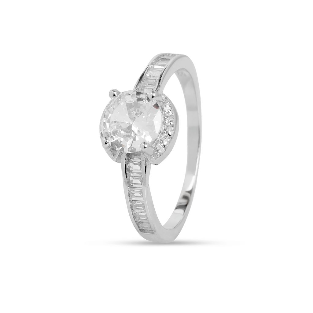 Round Solitaire Ring with Halo & Baguette Side Stones | Silver-Toned CZ Engagement Ring for Women I Weight - 3.05 gram