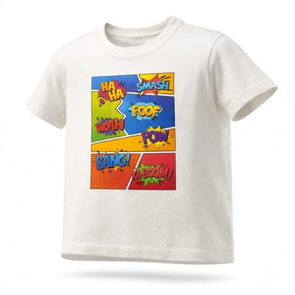 KUCHU Unisex T-Shirt | Boom Bang Print | 8–9 Years | Cotton Modal Fabric | Soft Feel | Breathable | Digitally Printed | Vibrant Colour White