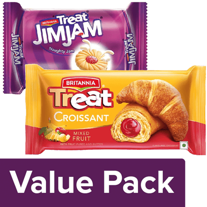 Britannia Treat Jim Jam Cream Biscuits 150 g + Treat Croissant - Mixed Fruit, Veg 47 g, Combo 2 Items