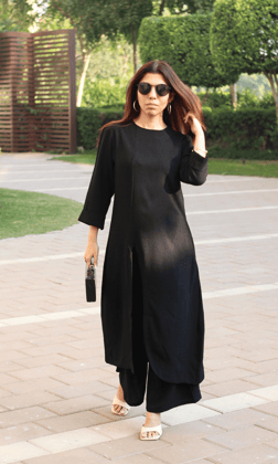 Black Boat Neck Front Slit Textured Co-ord-XXS