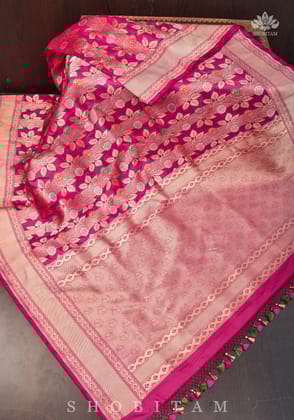 Meenakari Rose Creeper Jaal on Katan Silk Banarasi Saree in Pink Dual Tone | SILK MARK CERTIFIED