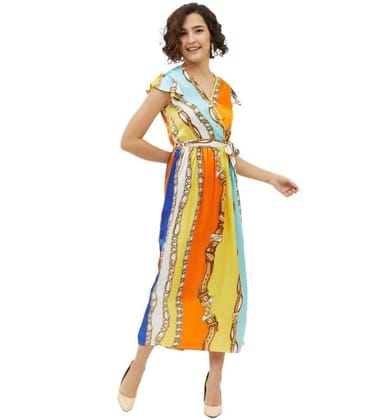 Women's Satin Chain Print Cap Sleeve Calf-Length Dress (Multicolor, L)-PID55798 Women's Satin Chain Print Cap Sleeve Calf-Length Dress (Multicolor, L)-PID55798