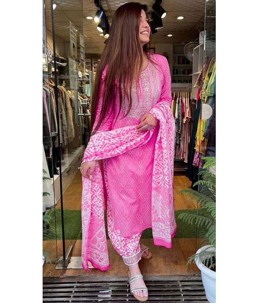 TRAHIMAM Cotton Blend Embroidered Kurti With Palazzo Women's Stitched Salwar Suit - Pink ( Pack of 1 )