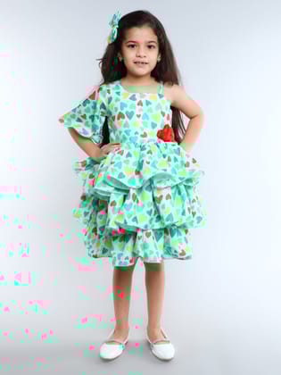 One Shoulder Heart Layered Cotton Dress With Matching Clip -Teal-1-2Y / Teal