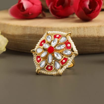 Kundan Finger Ring With Pearl Beads