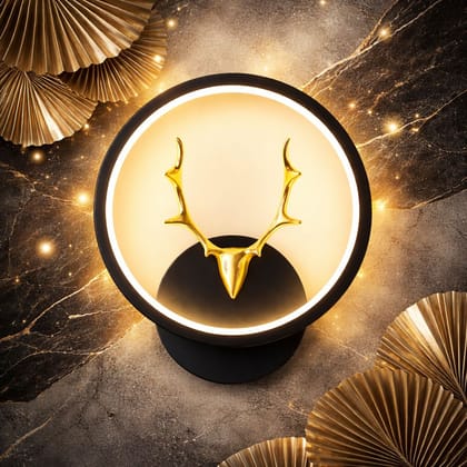 SPARKWORLD Modern LED Wall Light with Deer Design | Circle Black Metal Frame | Decorative Indoor Lamp for Bedroom, Hall & Living Room | Size: 25X30 cm