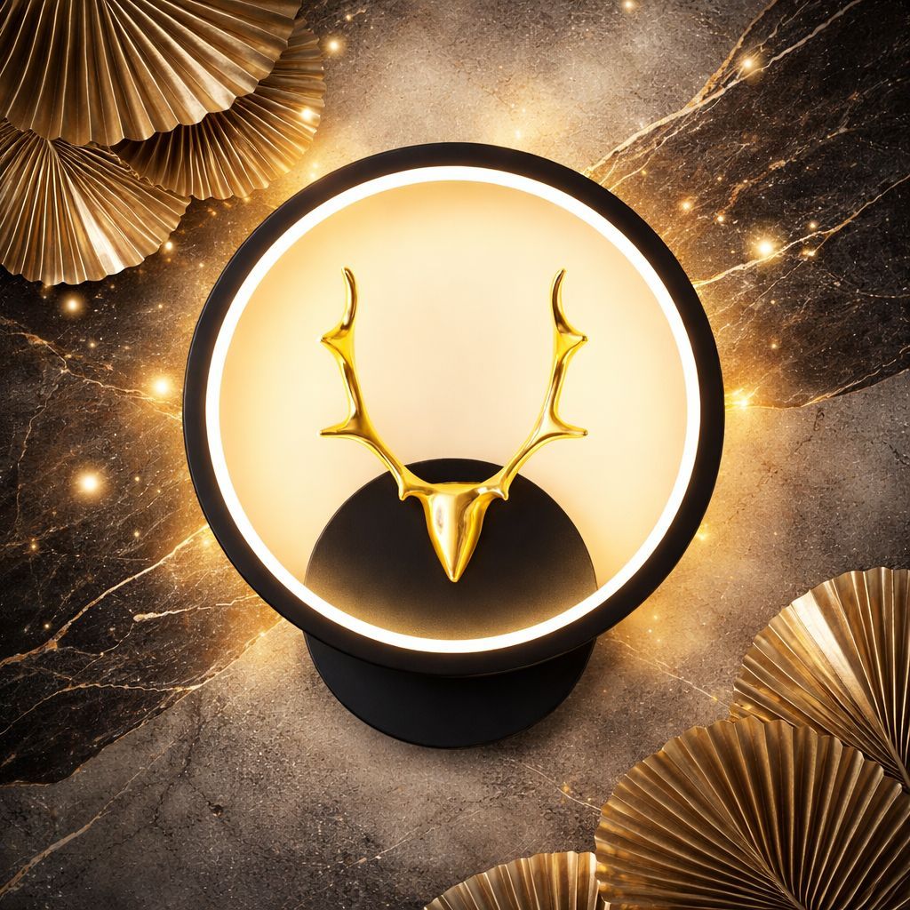SPARKWORLD Modern LED Wall Light with Deer Design | Circle Black Metal Frame | Decorative Indoor Lamp for Bedroom, Hall & Living Room | Size: 25X30 cm