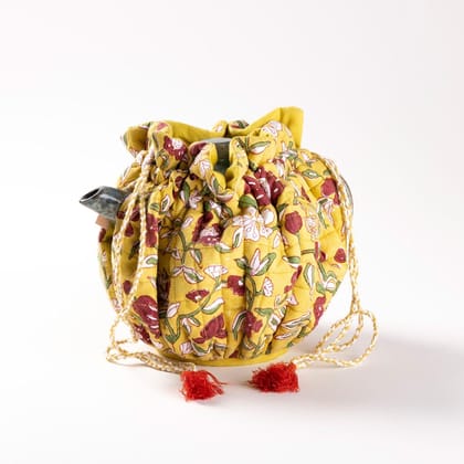 Hand Block Printed Cotton Drawstring Tea Cozy Yellow 9 x 12