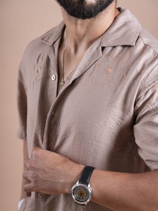 Riviera Half Sleeve Flower Linen Embroidered Shirt Beige-large / Beige / Riviera Half Sleeve Flower Embroidery Style Shirts