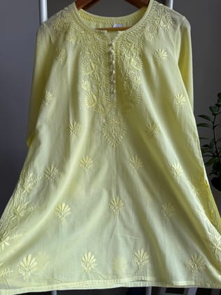 Mul Cotton Chikankari Full sleeves short Top - Lemon Yellow-Apple Green / Cotton / M