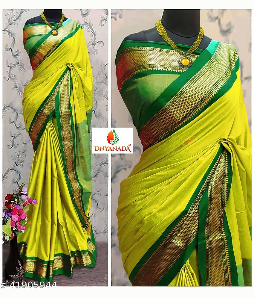 Mysstre Cotton Silk Woven Saree With Unstitched Blouse Piece ( Lime Green )