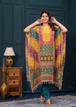 Digital Print Tissue silk kaftan with pant and hanging tassels and shells-M
