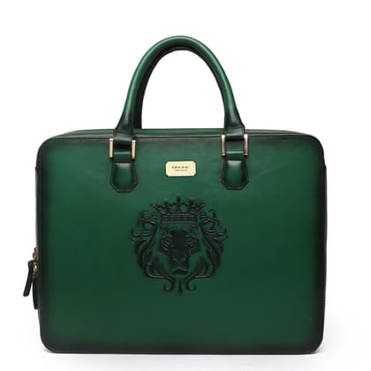 Green Leather Embossed Lion Laptop Briefcase with Organizer Compartment by Brune & Bareskin-FS