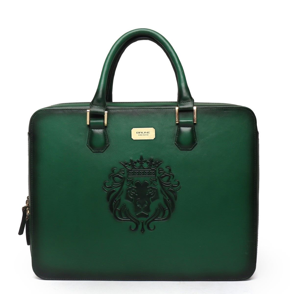 Green Leather Embossed Lion Laptop Briefcase with Organizer Compartment by Brune & Bareskin-FS
