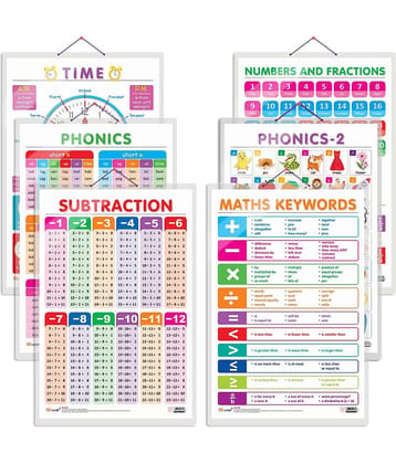 Set of 6 TIME, SUBTRACTION, NUMBERS AND FRACTIONS, MATHS KEYWORDS, PHONICS - 1 and PHONICS - 2 Early Learning Educational Charts for Kids