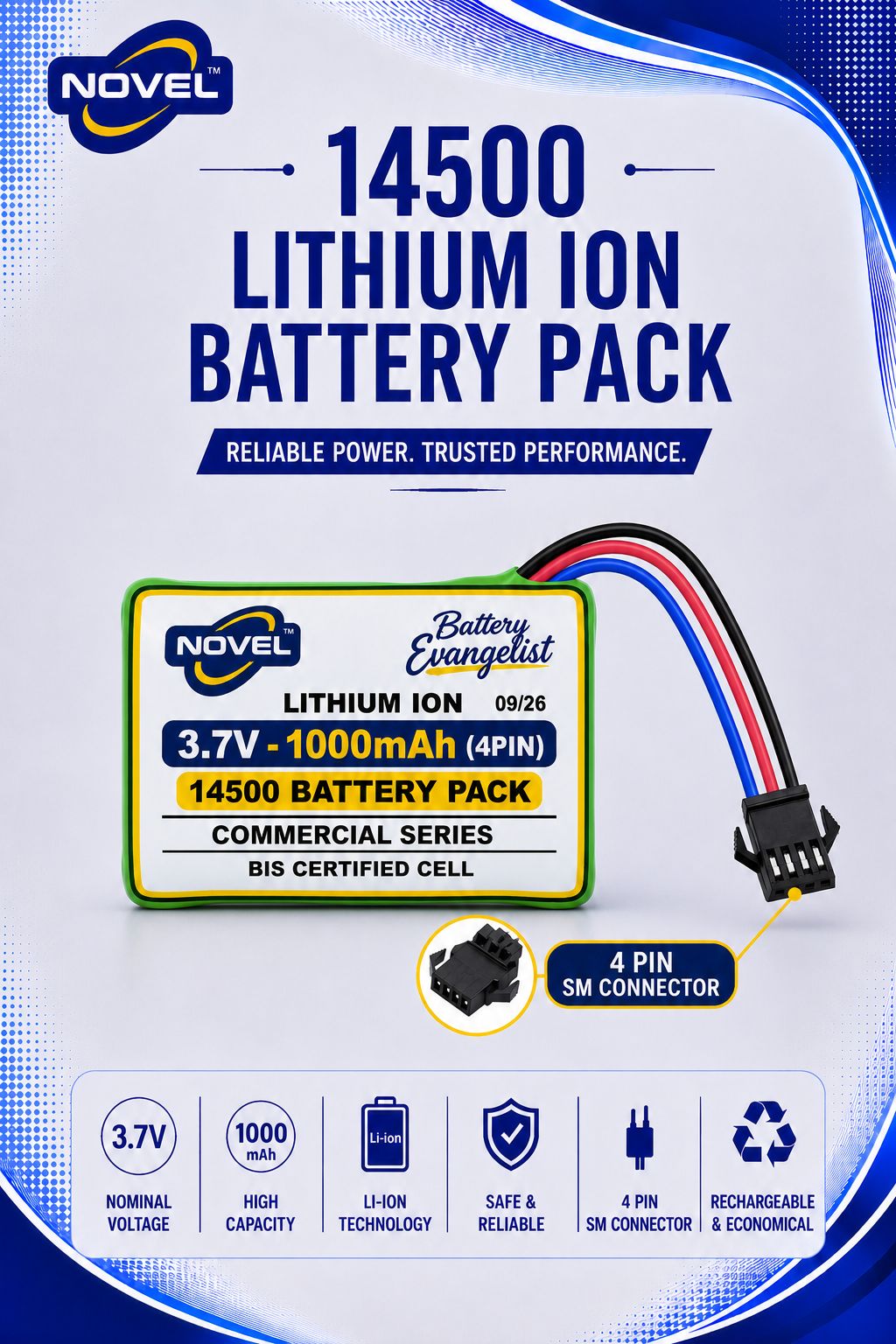 NOVEL 3.7V 1000mAh 14500 DUAL CELL SM 4 PIN