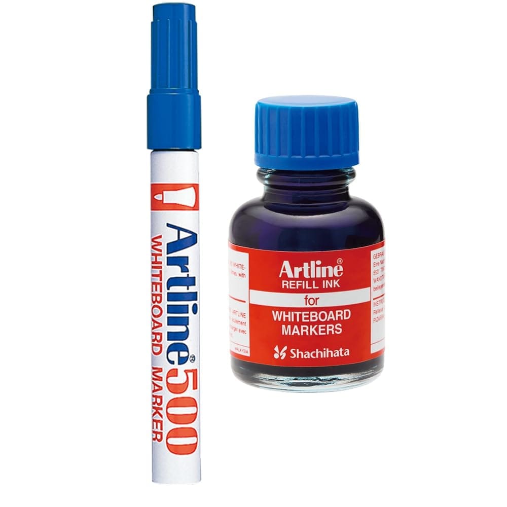 Artline Combo of Blue Colour 500 Whiteboard Marker X 10 with ESK50 Refillable Ink X 10 | Efficient and cost-effective solution for your writing needs