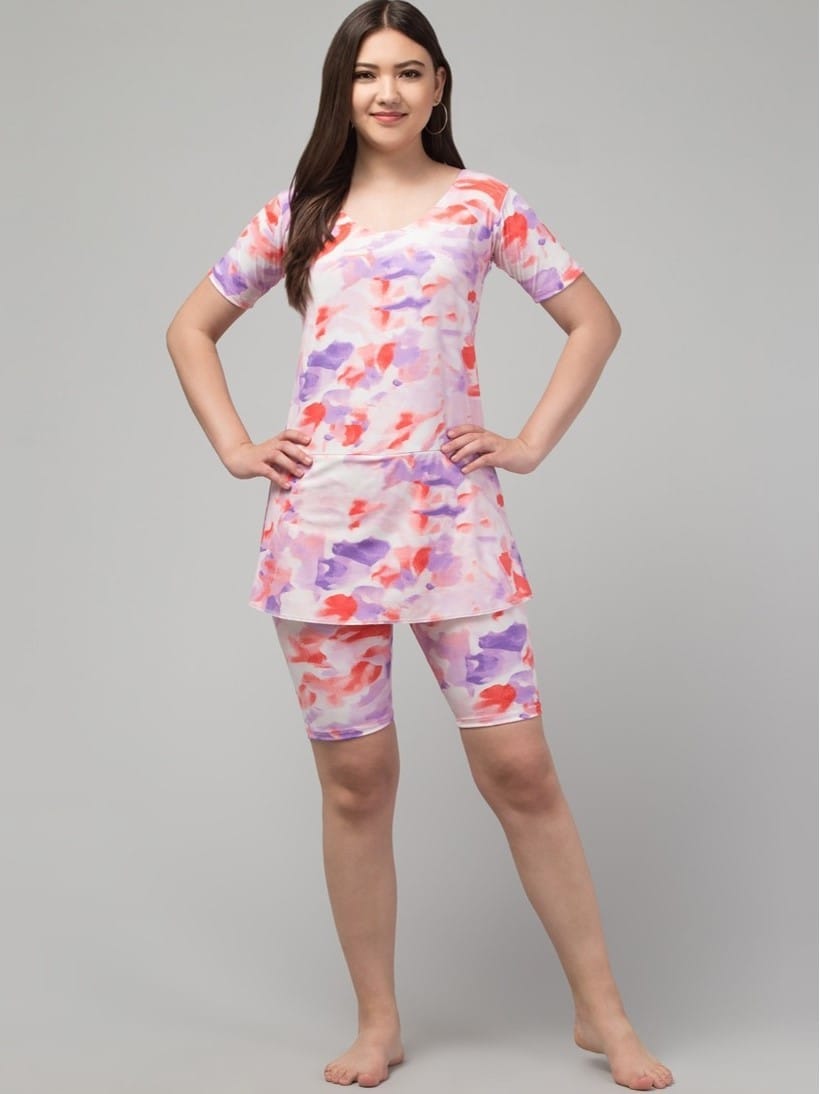 Womens Polyester Spandex Printed Round Neck Swimsuit Set Size S (Multicolor)