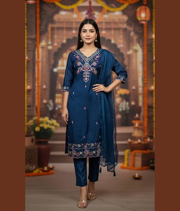 kedar fab Women Cotton Blend Embroidered Straight Kurti With Pants ( Navy Blue )