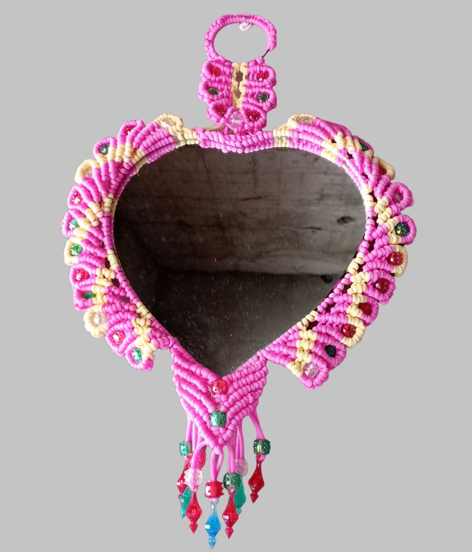 Handmade Macrame Decorated Mirror, Heart Shape for Home Decoration (10 Inches)