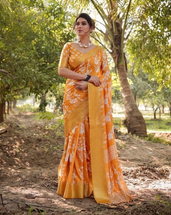 Sunshine Yellow Tussar Silk Saree with White Floral Motifs, Lustrous Zari Border, and Graceful Tassel Pallu-Regular